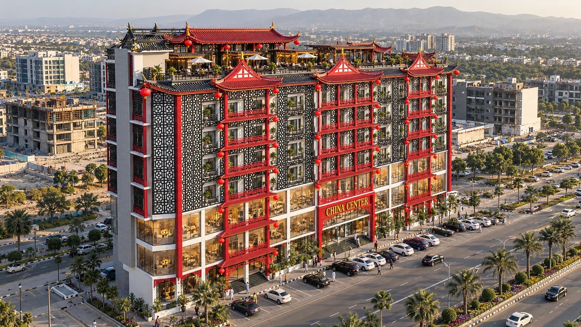 Aerial view of China Center in the Bahria Town Phase 8 business district, showing the rooftop pavilion and dining terrace