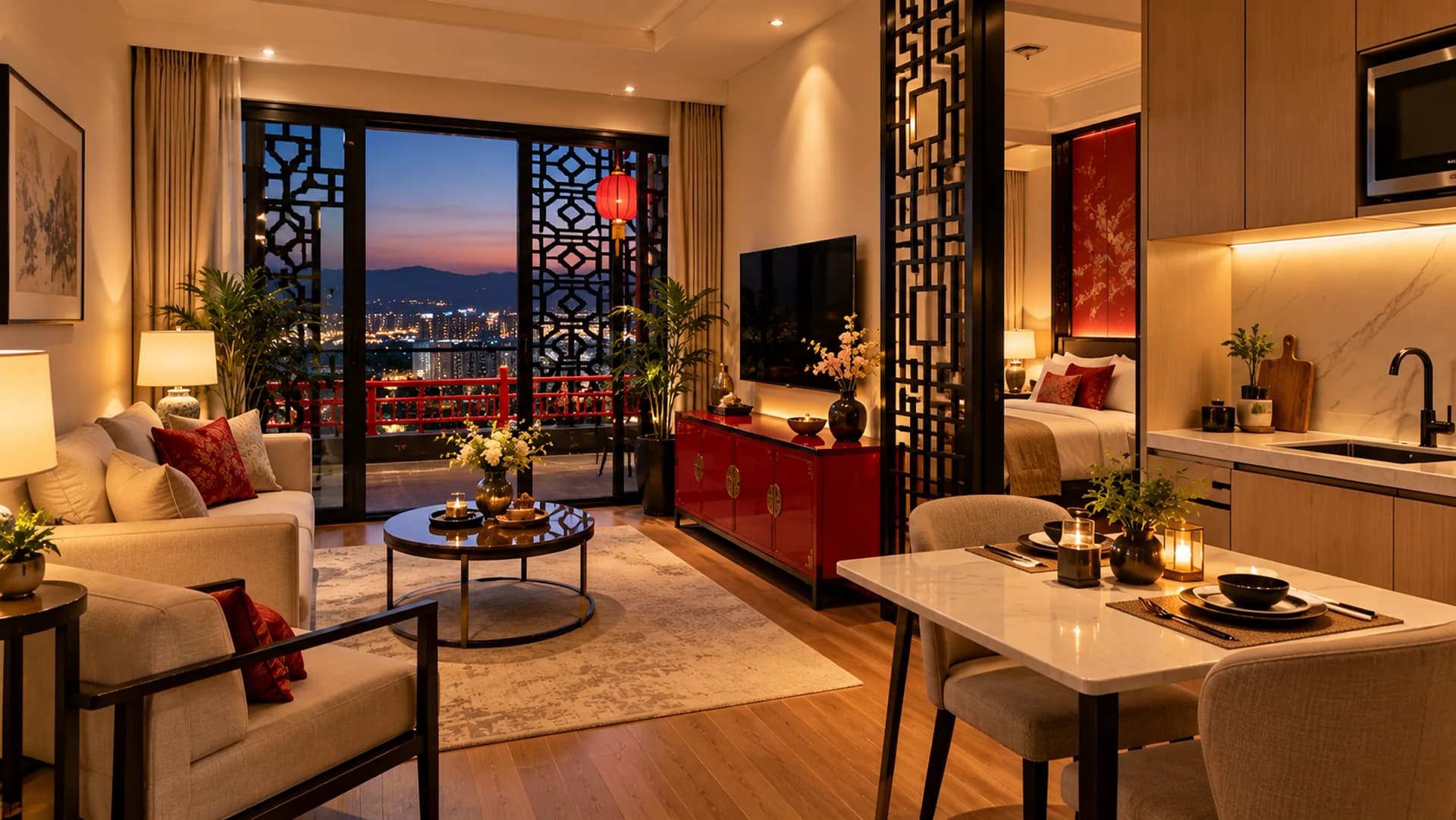An apartment living room with a kitchenette, a lattice room divider and a view of the city lights