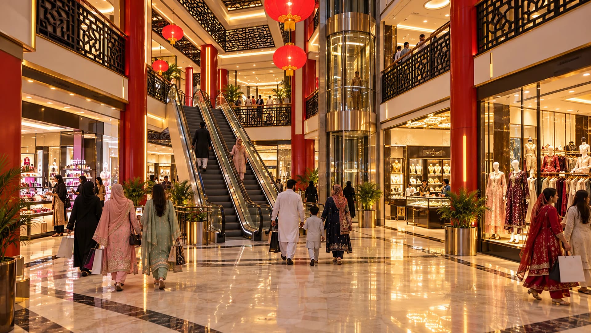 The ground-floor atrium with escalators, a glass capsule lift, red lacquer columns and ladies’ boutiques