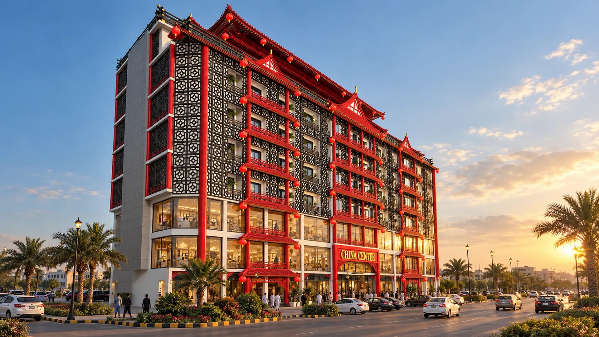 China Center at golden hour from the corner of the boulevard, with palms, cars and shoppers at the entrance
