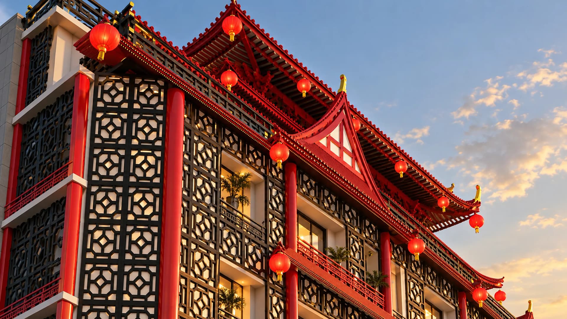 Close detail of the facade: black lattice screens, red columns, silk lanterns and the upturned eaves with a gold finial