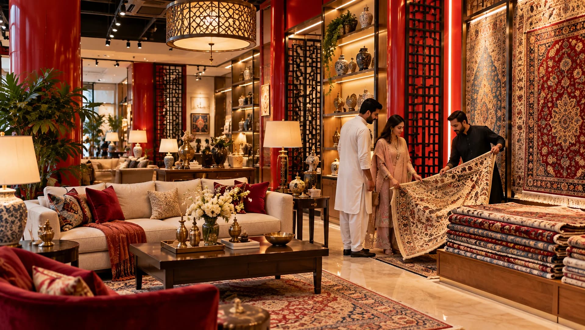 A home décor showroom on the first floor with a sofa vignette, lamps and rugs