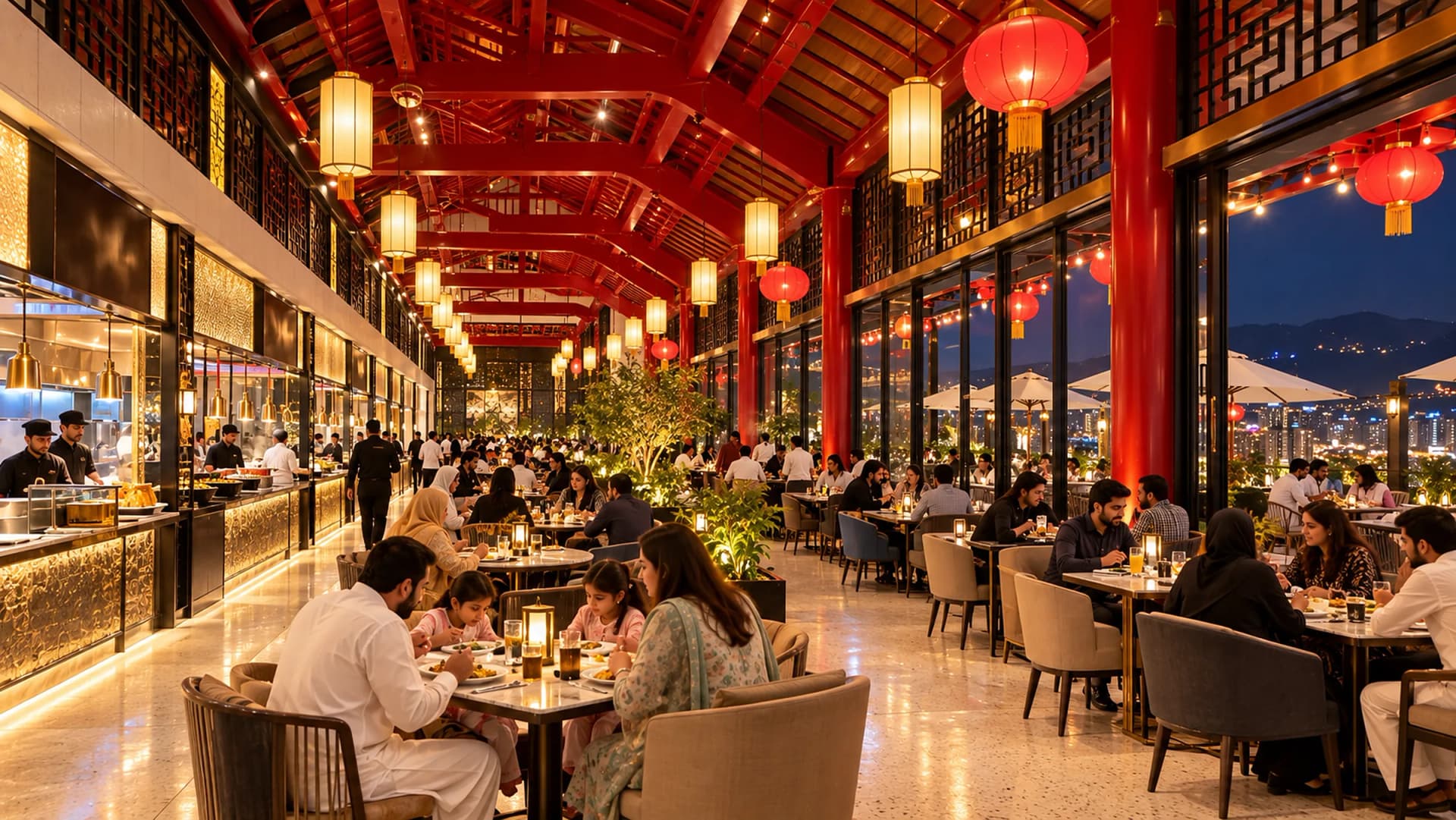The 8th-floor food court hall under a red timber roof, with restaurant counters and families dining