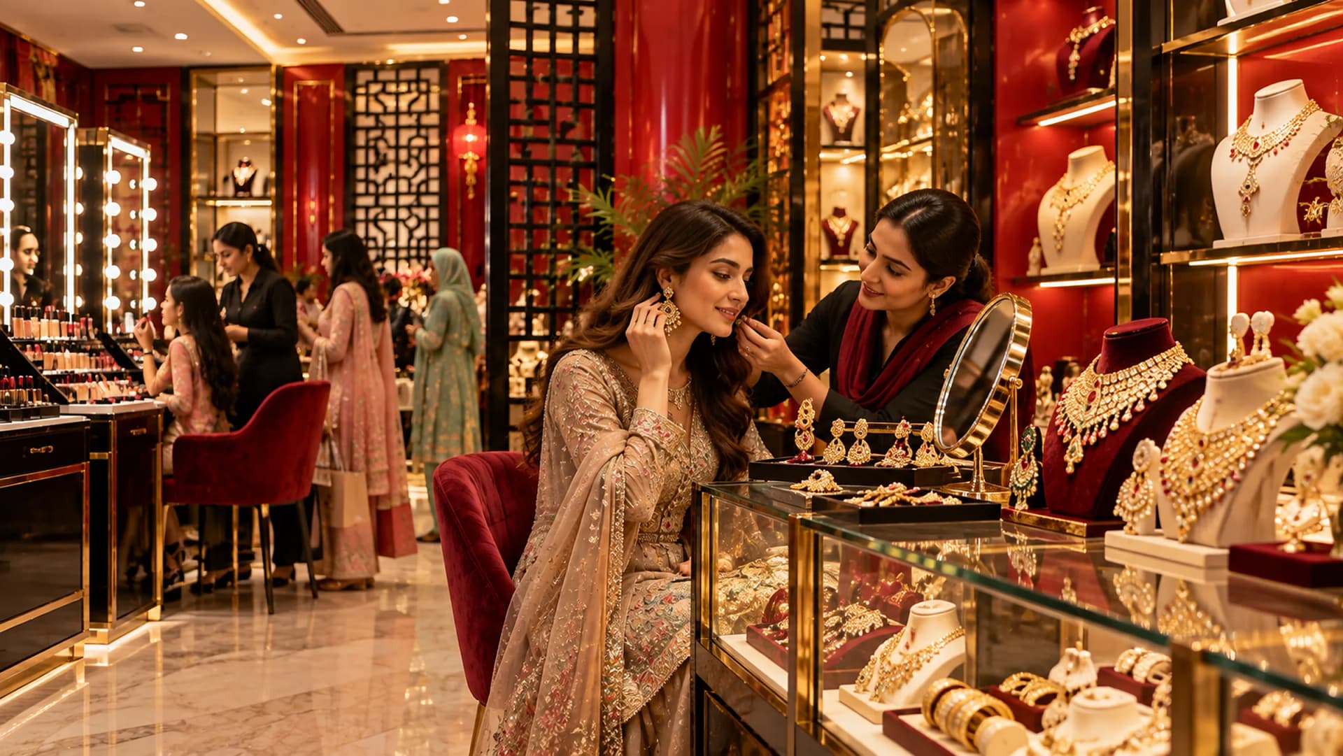 A jewellery and cosmetics boutique on the ground floor, a customer trying on earrings at a lit showcase