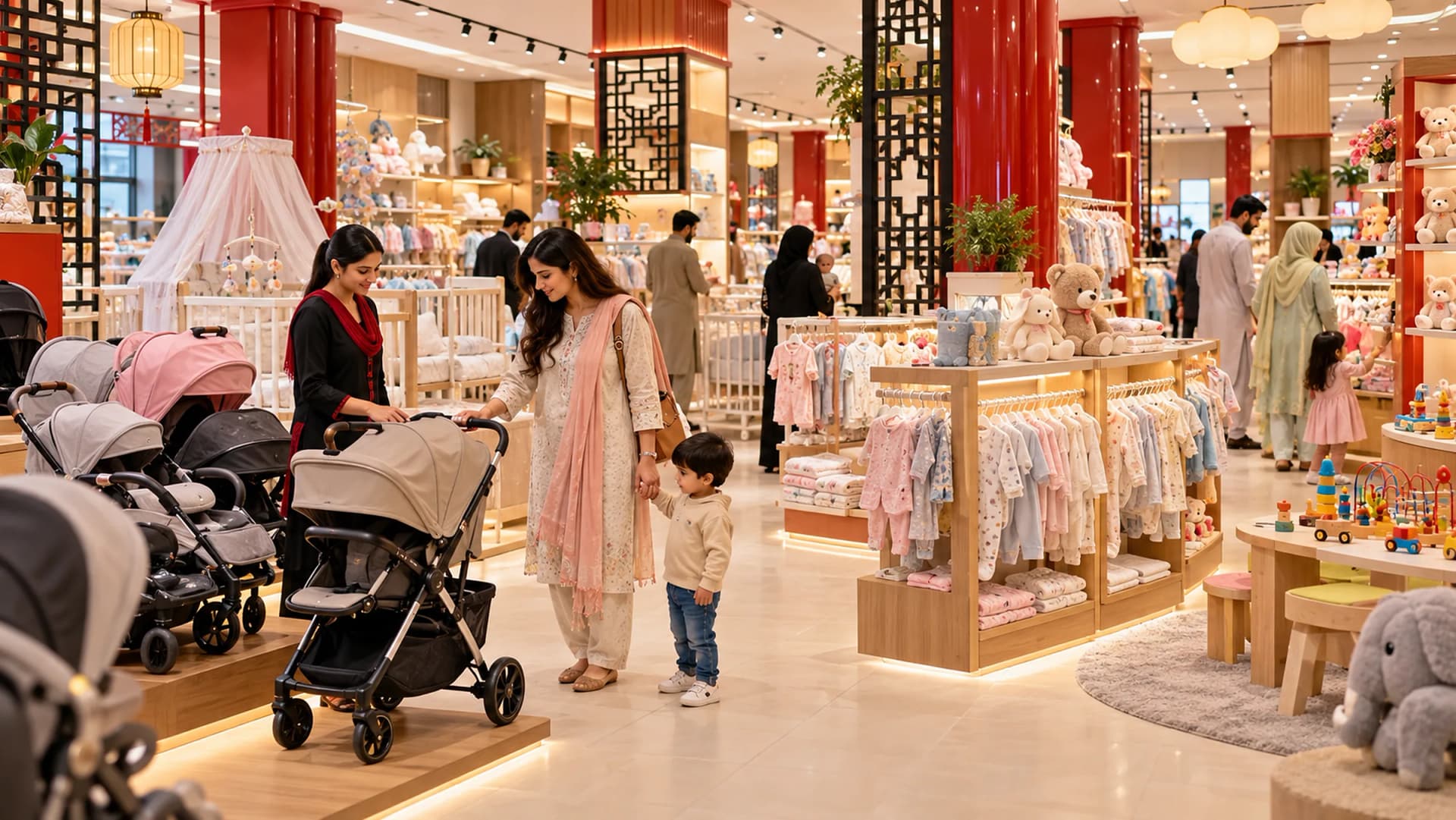A babies’ and kids’ store on the lower ground floor, a mother and toddler choosing a pram
