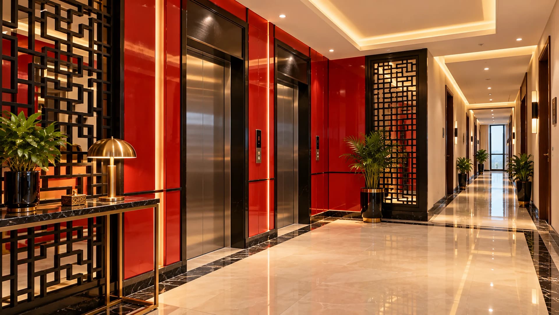 The residents’ lobby with lift doors, red lacquer panels and a lattice screen