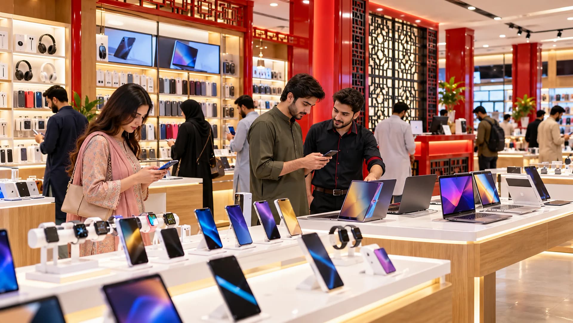 A phones and laptops store on the second floor, customers trying devices at the display tables
