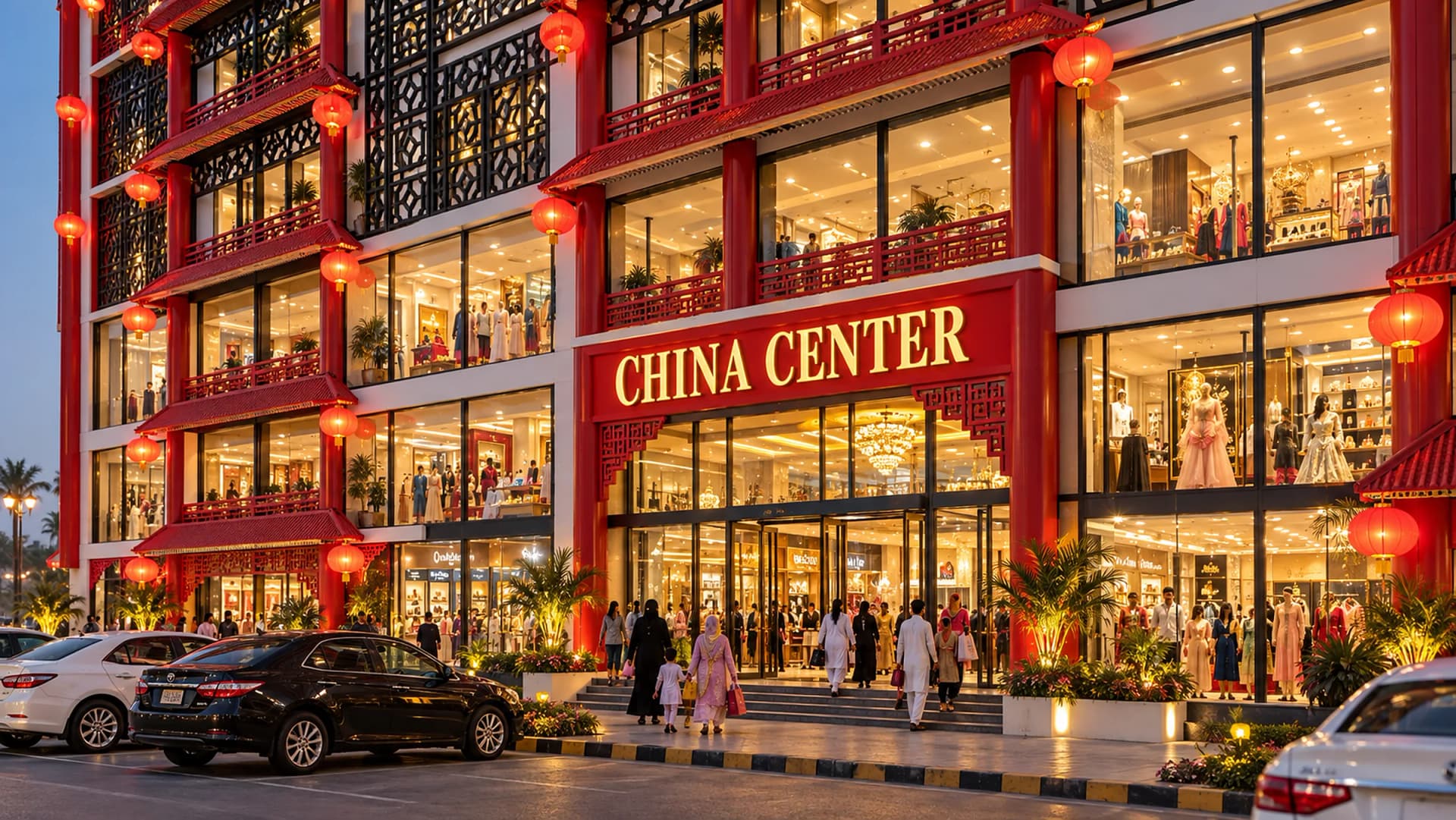 The main entrance of China Center under its red sign, with two floors of lit shopfronts and shoppers