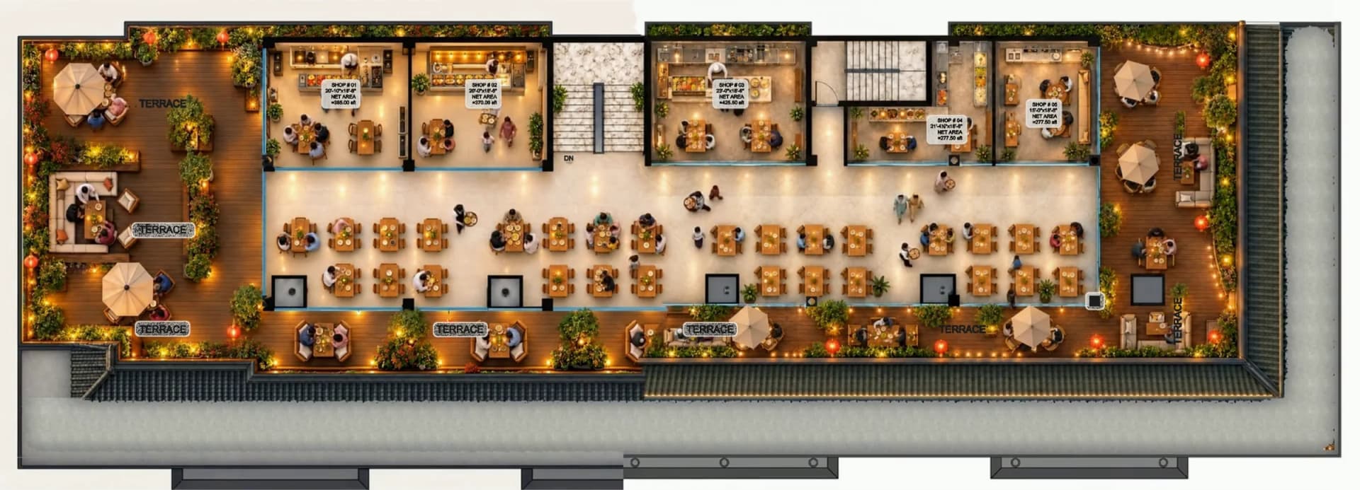 The developer’s drawing of the 8th floor of China Center: a food-court hall wrapped by a dining terrace