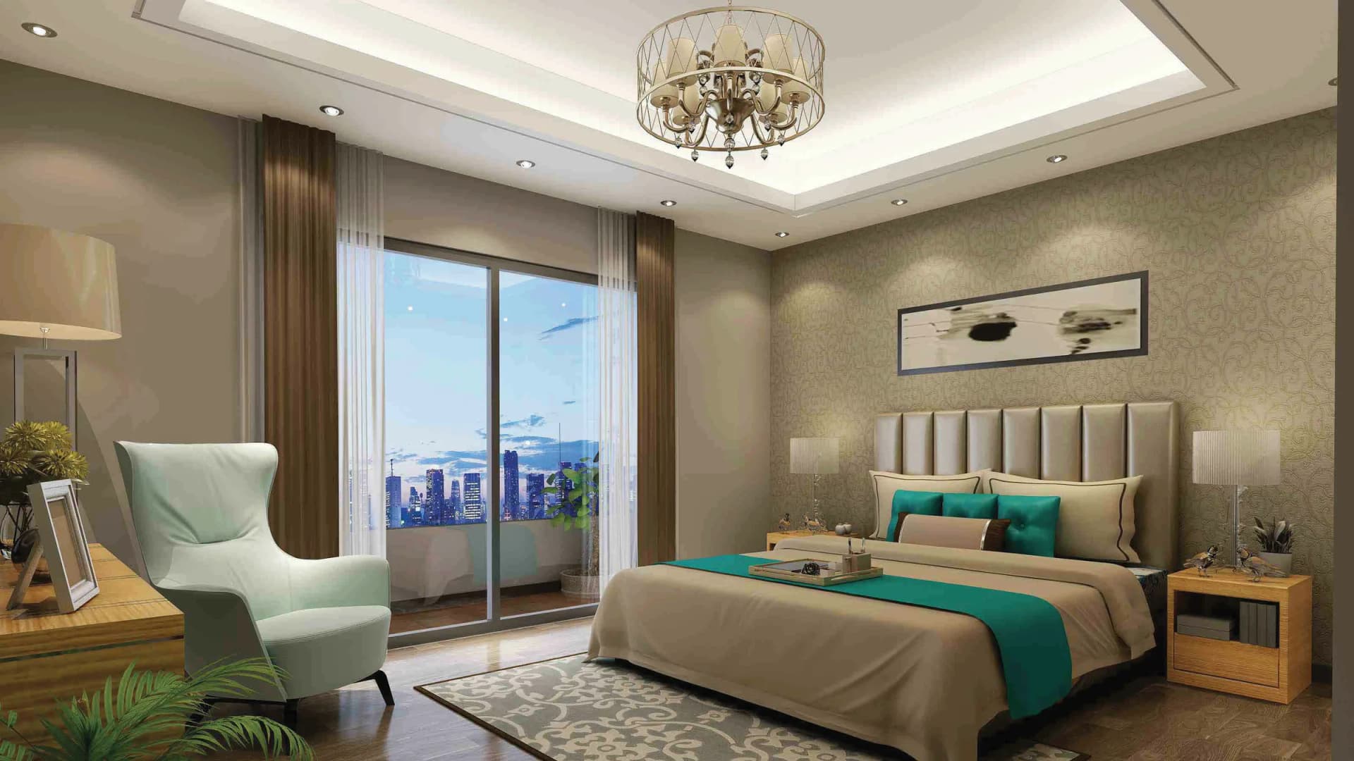 The developer's render of an apartment bedroom: a wide bed under an ink-wash landscape painting, a tall window onto a city at dusk, and a pale armchair