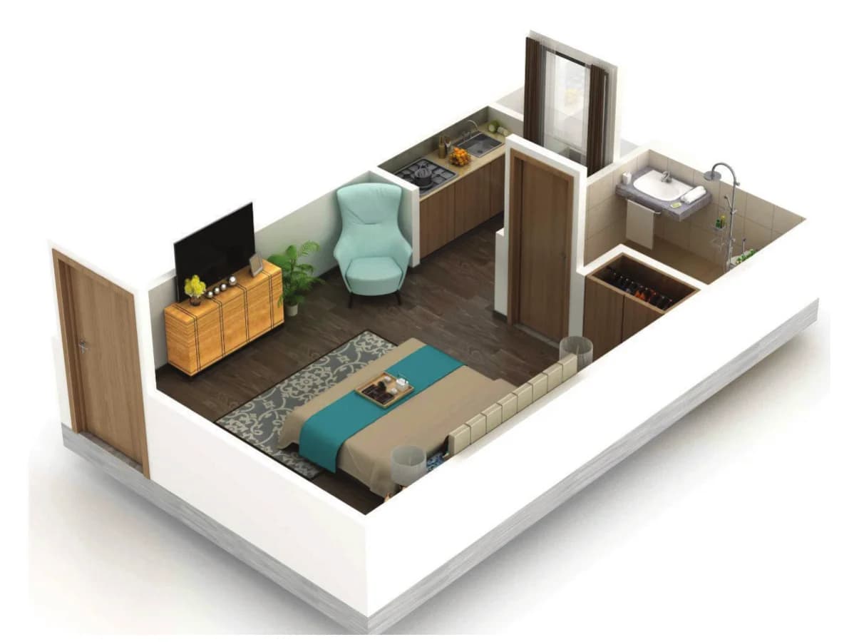 The brochure's 3D cut-away of a studio: bed and seating in one room, a kitchenette, a bathroom and a window bay